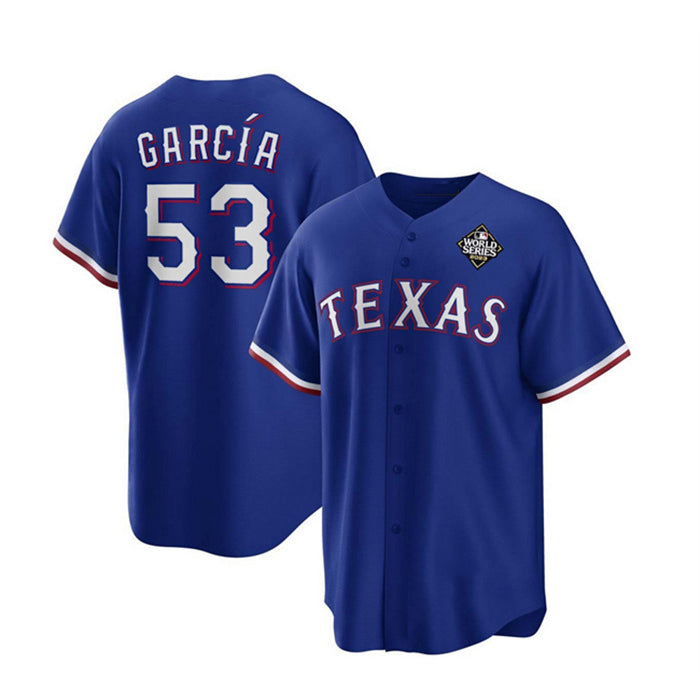Texas Rangers #53 Adolis Garc¨ªa Royal HeidiMiller 2023 World Series Stitched Jersey