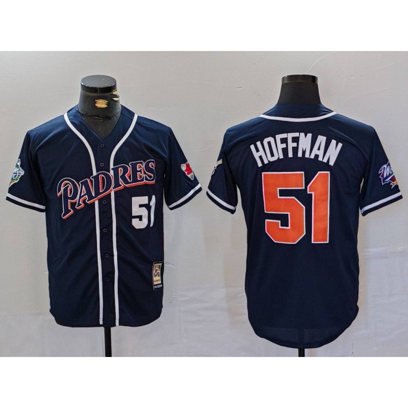 San Diego Padres #51 Trevor Hoffman Navy HeidiMiller Player Number Cooperstown Cool Base Jersey