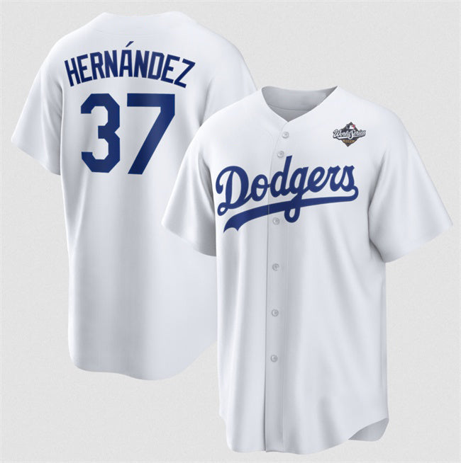 Los Angeles Dodgers #37 Teoscar Hern¨¢ndez White HeidiMiller 2025 World Series Home Cool Base Stitched Jersey
