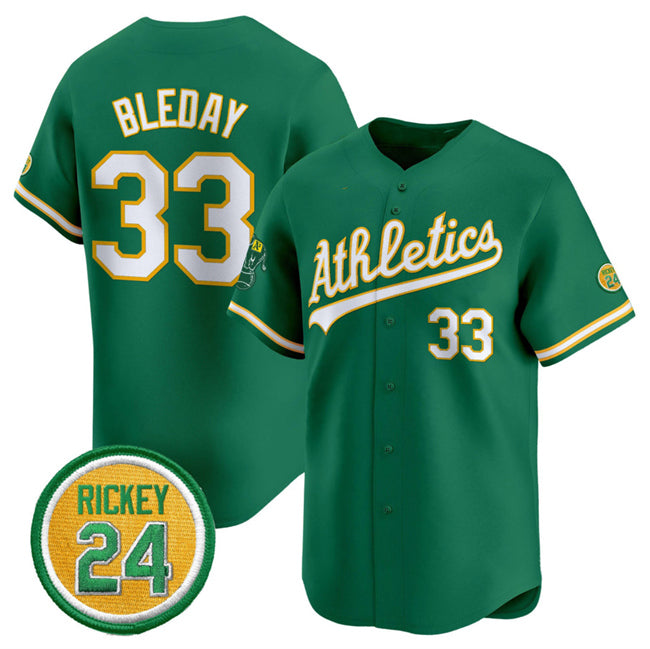 Oakland Athletics #33 JJ Bleday Green HeidiMiller 2024 Limited With Rickey Henderson Patch Stitched Jersey