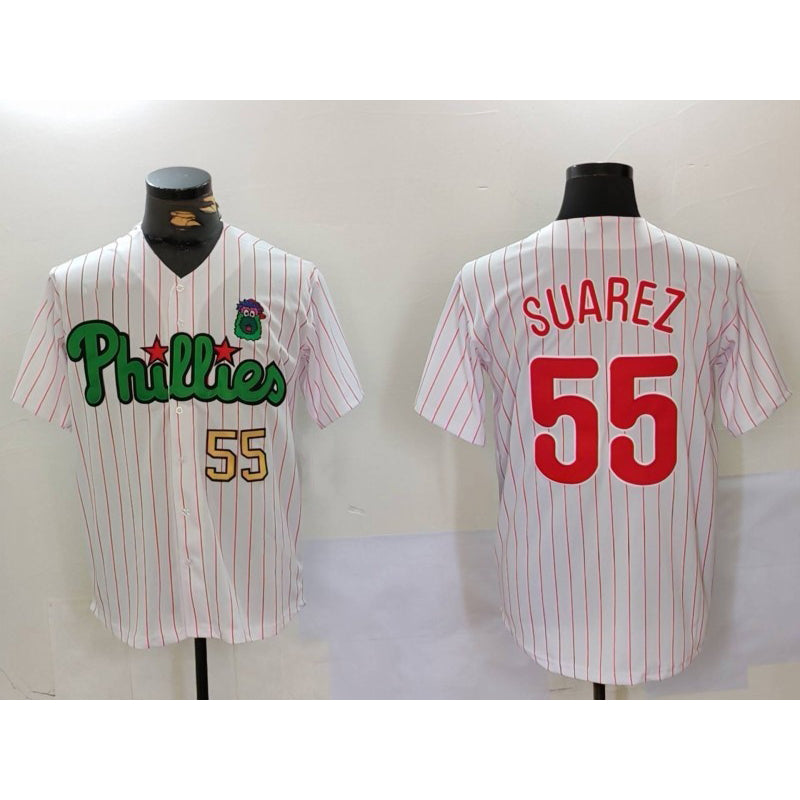 Philadelphia Phillies #55 Ranger Su¨¢rez White Green HeidiMiller Cool Base Stitched Jerseys