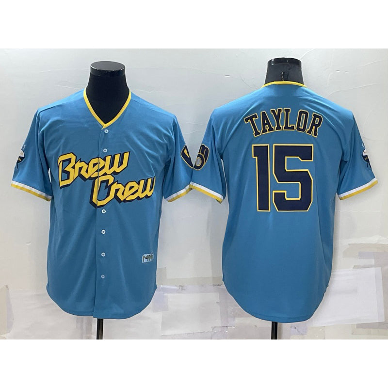 Milwaukee Brewers #15 Tyrone Taylor Blue HeidiMiller 2022 City Connect Cool Base Stitched Jersey