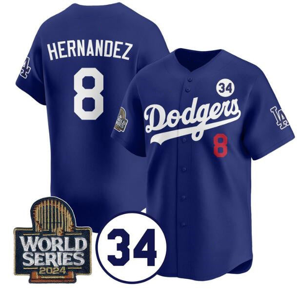 Los Angeles Dodgers #8 Enrique Hern¨¢ndez Royal HeidiMiller 2024 World Series With No. 34 Patch Limited Stitched Jersey
