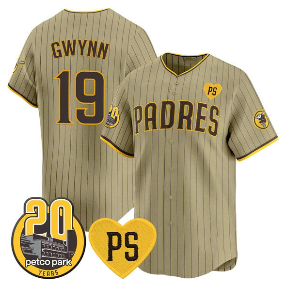 San Diego Padres #19 Tony Gwynn Tan HeidiMiller 'For Peter' And Petco Park 20th Patch Limited Stitched Jersey