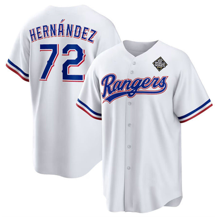 Texas Rangers #72 Jonathan Hern¨¢ndez White HeidiMiller 2023 World Series Stitched Jersey